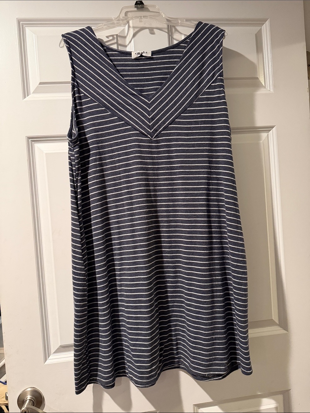 Gilli Navy and White Striped V-Neck Sleeveless Dress